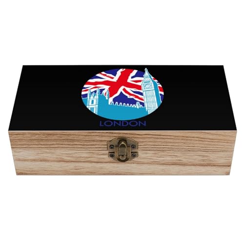 Anceky Cajas decorativas de madera con la bandera del Big Ben de Inglaterra, cofre del tesoro con tapa abatible y cierre, organizador de joyas