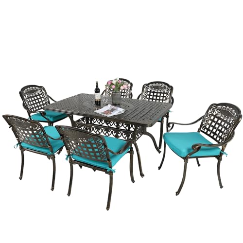 Image of MEETWARM 7-Piece Outdoor Furniture Dining Set, All Weather Cast Aluminum Patio Garden Set with 6 Chairs, 6 Cushions, 1 Rectangular Table, 2 inch Umbrella Hole, Dark Bronze, Ocean Blue