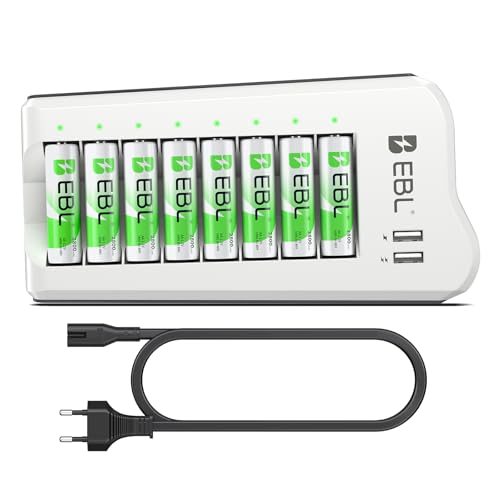 EBL Chargeur de Piles Rechargeables + 8PCS Piles AA Rechargeables Puissantes, avec 2 USB Ports pour Accus AA/AAA/Ni-MH et Smartphone, Tablette
