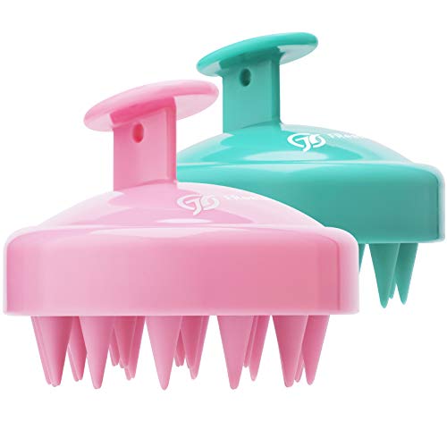 FReatech 2 peças escova de cabelo de silicone para champô e massagem cabeça, [molhado & Seco] Massageador de couro cabelelludo, limpeza profunda e esfoliação suave, estimula crescimento do cabelo, rosa e verde