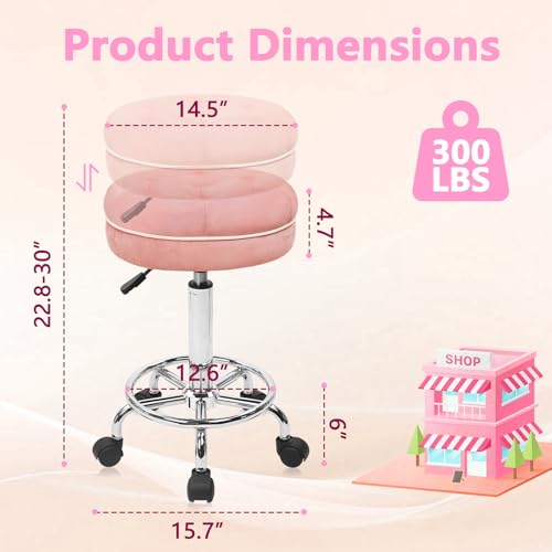 Image of KLASIKA Velet Rolling Bar Stool with Wheels, Tall Drafting Stool with Adjustable Height and Footrest, Multi-Purpose Office Desk Chair for Home Kitchen Shop Work, Pink (4PK)