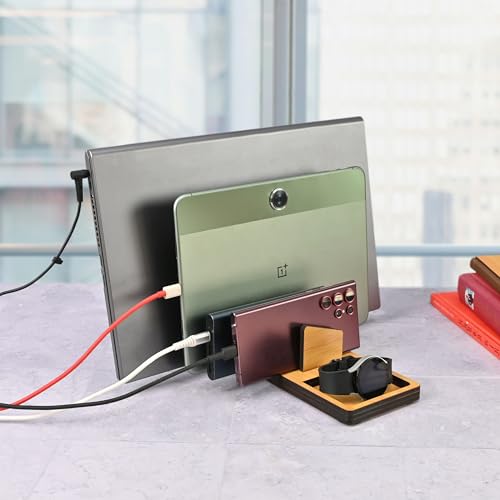 GKD Wooden Charging Station for Multiple Devices, All in One Charge Stations Wood, Desktop Charger Organiser with Anti-Slip Pad & Soft Cushion, Compatible with Laptop, Mobile, Tablet, Smart Watch