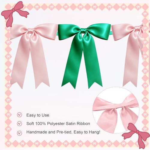 Image of 1 String of 8PCS Pink&Green Bow Garland Banner Wicked Party Decoration,Pre-Strung Satin Ribbon Ornaments for Birthday,Bachelorette Party,Wedding,Engagement,Baby Shower,Graduation Decor,Anniversary