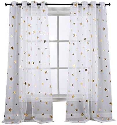 sgofais Gold Star Foil Print Sheer Curtains Grommets Top Window Treatment for Girl Bedroom Glitter Stars Thin and Soft Curtains Panel for Kids Room 54W by 84L inch ,2 Panles