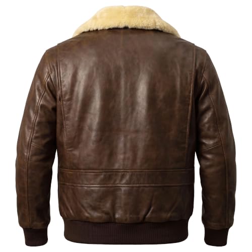 Image of Mens G-1 Fur Collar US Navy Flight Distressed Brown Aviator Genuine Leather Jacket