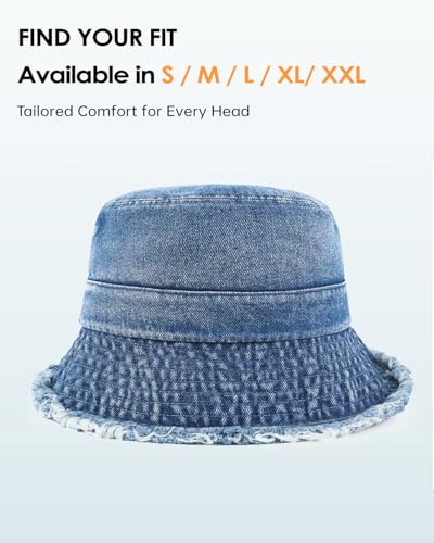 Image of Zylioo Oversized Denim Bucket Hat, XXL XL L M Fisherman Sun Hat with Chin Cord, Washed Jean Packable Summer Travel Hat