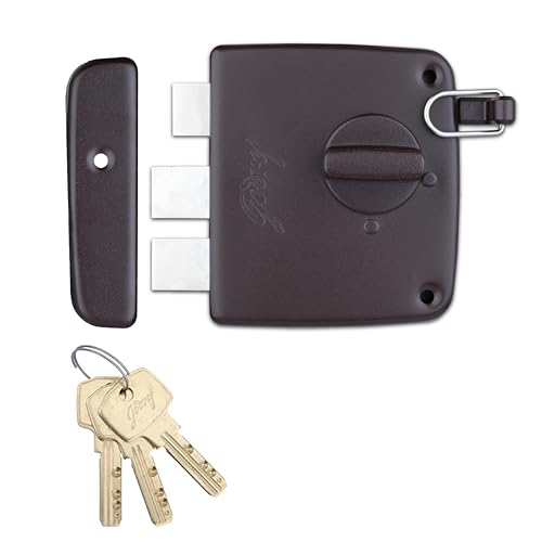 Image of Godrej Tribolt Compact 1CK LB | for Inside /Outside Opening Wooden Doors | 60mm Backset | Reversible Latch | 3 Keys | 3-Bolt Locking | Textured Brown Finish | 5 Year Warranty