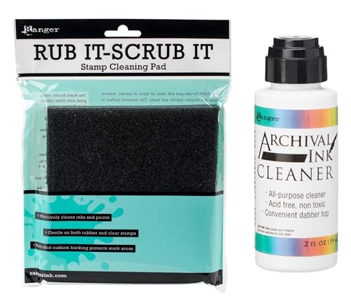Ranger Ink Rub It Scrub it Pad and One 2 oz Bottle of Archival Ink Cleaner, Bundle of 2 Items