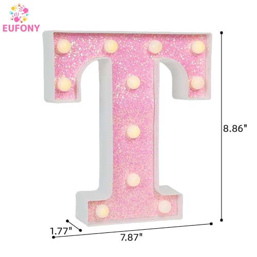 Image of Pink Glitter Marquee Light Up Letters, Battery Operated LED Letter Lights Signs for Pink Birthday Party Table Decorations, Wall Decor for Girls Bedroom, Initial Letter T with Warm White Lights