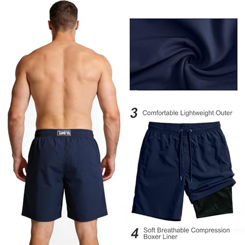 Image of Men's Swim Trunks with Compression Liner, Quick Dry Hawaiian Swimwear Bathing Suit Drawstring Board Shorts