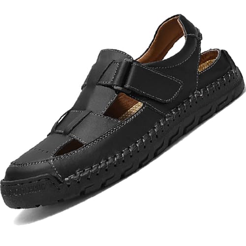 Men's Genuine Leather Closed Toe Fisherman Sandals Summer Hook Loop Hollowing Out Breathable Light Platform Casual Beach Sandals for Outdoor Walking Wading