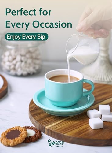Image of Sweese 4 Ounce Porcelain Stackable Espresso Cups with Saucers and Metal Stand Set of 4, Turquoise