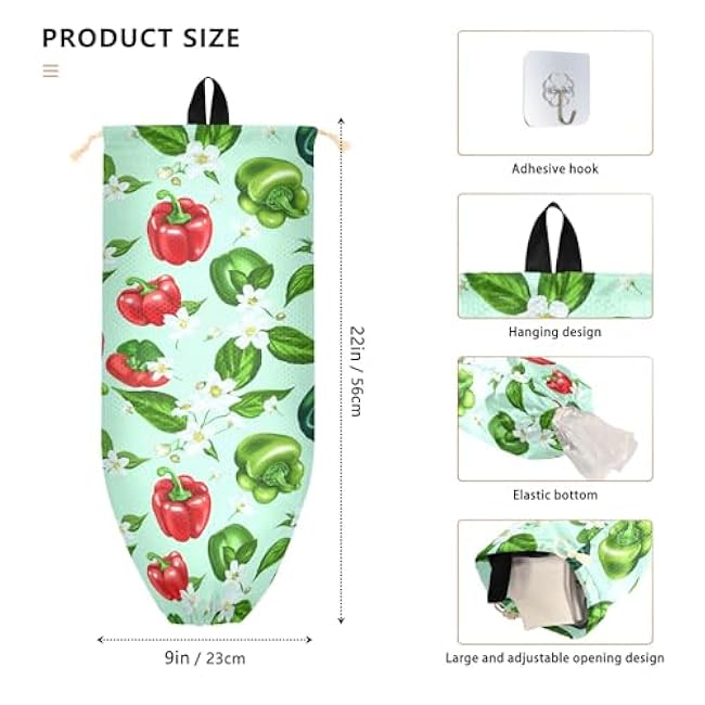 xigua Colorful Bell Peppers Plastic Bag Holder Wall Mount with Drawstring 1 Pack, Reusable Grocery Bag Organizer Decor for Bags, Socks, Underwear, And Neckties