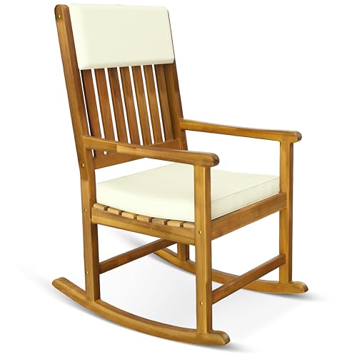 Casaria® Silla Mecedora Reposabrazos Acacia 160Kg Funda Lavable Jardín Balcón Terraza Resistente Intemperie Interior Exterior Cojines Crema
