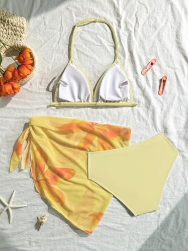 Image of SEGT Girl's 3 Piece Striped Bikini Swimwear Cute Swimsuits Bathing Suit High Waisted with Cover Up Beach Skirt