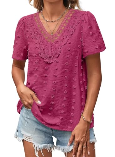 Falechay Cute Summer Tops for Women Boho Womens Top Dressy Casual V Neck Short Sleeve Shirts Work Lace Flowy Tunic Tops Crochet Eyelet Swiss Dot Blouse Hot Pink Peasant Spring Blouses S