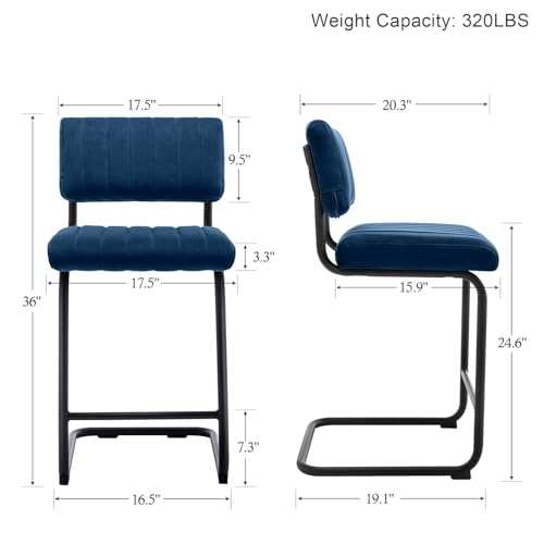 Image of ONEVOG 24 Inch Counter Bar Stools Set of 2, Mid-Century Modern Counter Height Cantilever Bar Chairs for Kitchen Island, Upholstered Velvet Fabric Barstools with Back and Matte Metal Legs, Navy Blue