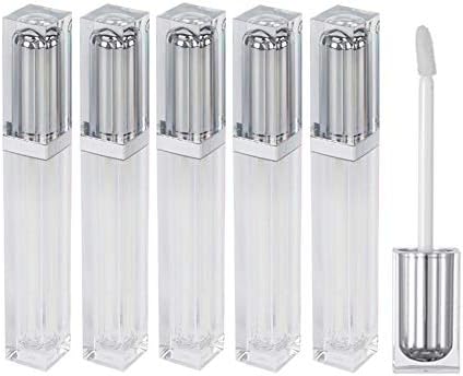 5Pcs 7ml Empty Refillable Acrylic Clear Square Lip Gloss Lip Balm Lipstick Tube Containers Pot Bottle Vial with Rotatable Top Cap and Brush Tip Applicator Wand and Rubber Stoppers(Silver)
