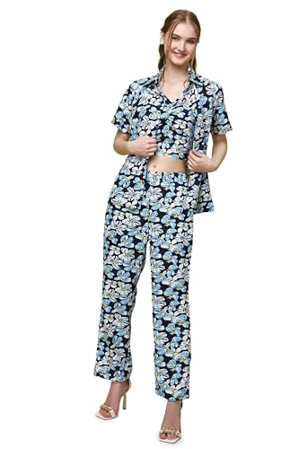 Image of POPWINGS Casual Floral Printed 3-Piece Co-Ord Set for Women || Co-Ord Set for Women Western Summer Office Wear || Crop Top, Trouser and Shirt Set for Women
