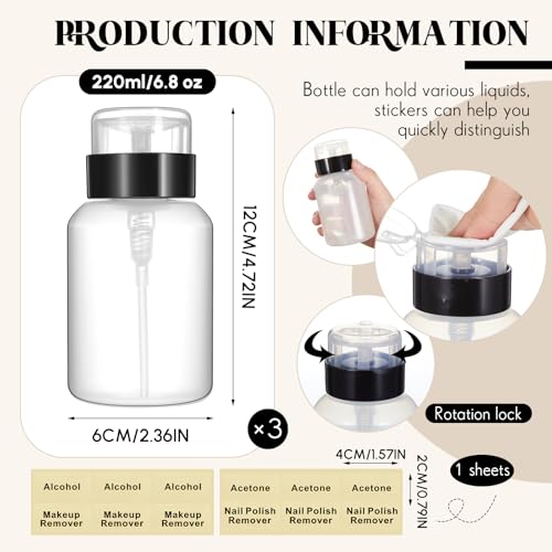 Layhit 3 Pack 6.8 oz (200ml) Push Down Lockable Pump Dispenser Bottle with Stickers, Alcohol Push Down Empty Refillable Container for Nail Polish Remover, Alcohol & Makeup Remover (Black Top Cap)2