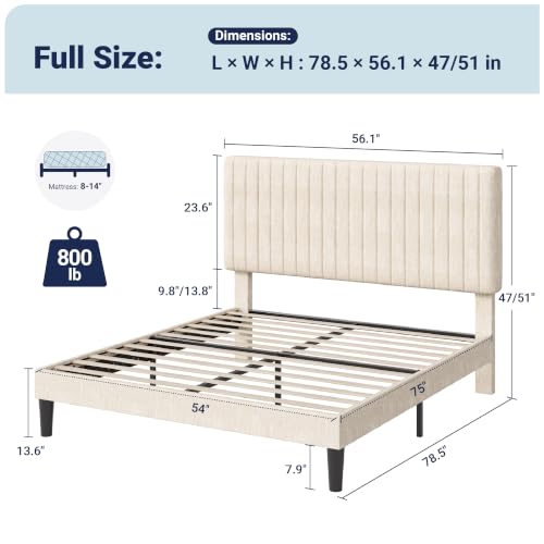 Image of Allewie Full Bed Frame, Upholstered Platform Bed with Adjustable Vertical Channel Tufted Headboard, Mattress Foundation with Strong Wooden Slats, Box Spring Optional, Easy Assembly, Chenille White
