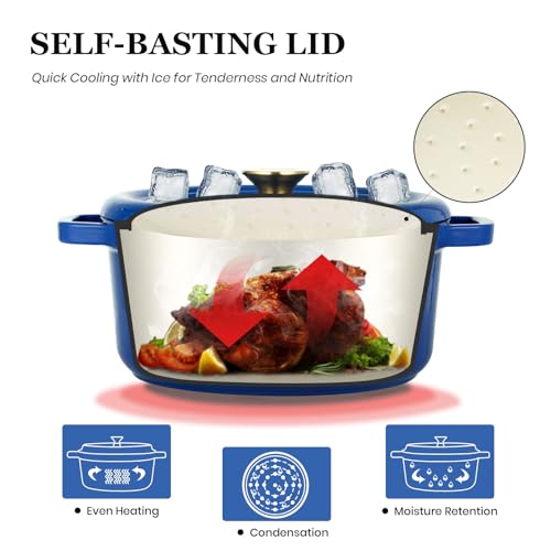 Overmont 26cm Enameled Cast Iron Dutch Oven - 5L Pot with Functional lid Cookbook & Cotton Potholders - Oven Safe up to 500° F, Sturdy Cookware for Braising, Stews, Roasting, Bread Baking, Dark Blue