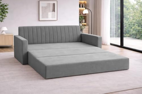 Image of Rosebell Foldable Sofa-Cum-Bed | 3-in-One Convertible Couch with Armrest | Modern Velvet Fabric Sofa for Living Room, Bedroom & Office-Grey-Color
