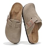 Project Cloud Genuine Leather Footbed Clogs for Women - Memory Foam Arch Support Slippers for Women - Trendy Slip-ons Women's Mules & Clogs Sandals (Benton,TaupeSuede, 8)