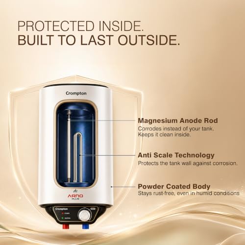 Image of Crompton Arno Plus 15L 5‑Star Storage Water Heater | Anti‑Scale Technology for Hard Water up to 2000 ppm | 8 Bar High‑Rise Pressure | 5‑Level Safety | Free Installation & Pipes | 8 Year Tank warranty
