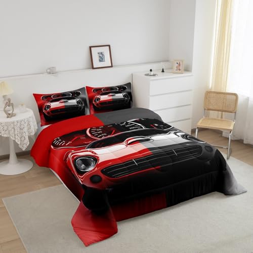 Image of Feelyou Red Black Race car Comforter Set Toddler Size Speed Sports Car Bedding Set for Kids Teens Racing Car Comforter Extreme Sports Duvet Set Decor Automobile Quilt 2Pcs