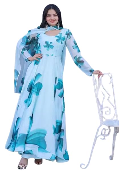Designer Western Style Long Mexi Dress with Dupatta- Floral Printed Womens Gown-image-11