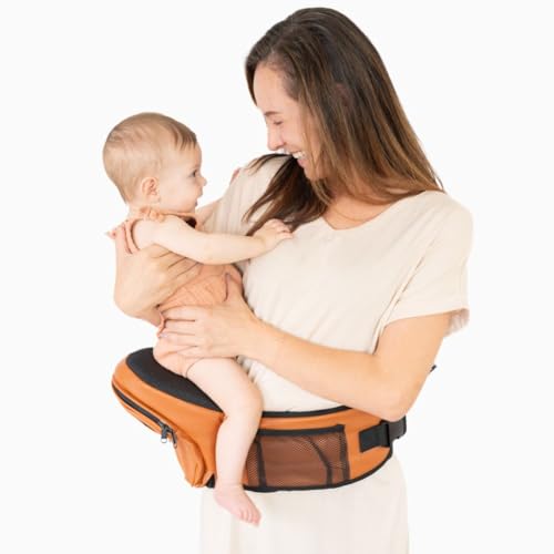 Image of GoMom Baby Hip Carrier Seat - Vegan Leather Baby Carrier Newborn to Toddlers - Extra Comfortable CPC Certified Infant Baby Hip Carrier | Ergonomic Breathable Baby Hip Holder with Non-Slip Seat (Camel)