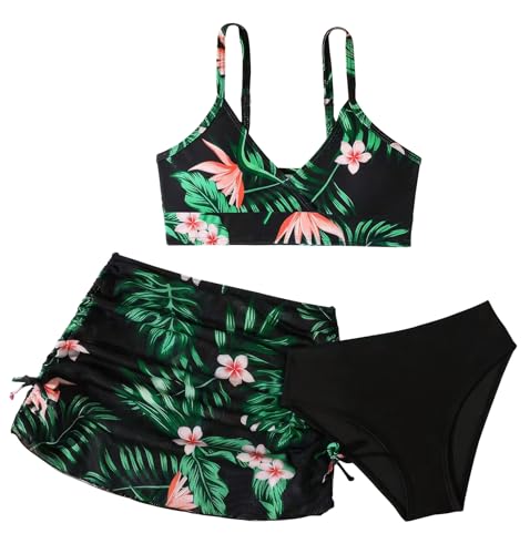 SEAUR Girls' Fashion Bikini Sets Cute 3 Piece Swimsuits V Neck Floral Printed Swimwear Beach Bathing Suit with Cover Up Skirt
