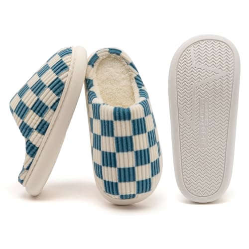 Image of Yueerlu House Slippers for Women Men, Fuzzy Checkered Mens Womens Slippers Warm Memory Foam House Shoes Indoor Outdoor with Faux Fur Lining