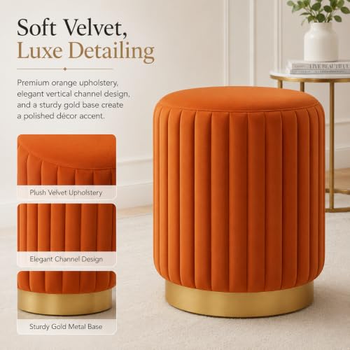 Image of Designer Velvet Round Footstool Ottoman with Sturdy Gold Metal Band Base for Home Decor & Extra Seating, Lightweight Pouf Stool for Sofa Side & Bedroom, 16x16x17 Inch (Orange)