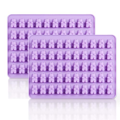 Koboko Gummibärchen Form Silikon,Silikonform Gummibärchen mit 50 Kavitäten,Gummibärchen Backmatte Antihaft,Gummibärchen Silikonformen für die Herstellung von Süßigkeiten,Gelee & Schokolade-Lila,2er