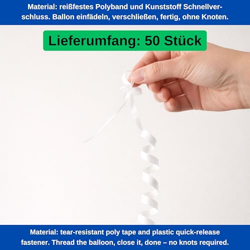 Ballonverschlüsse mit Band, 50 Pack, in Weiß, 120 cm reißfestes Polyband, Ballonband mit Schnellverschluss für Heliumballons und Luftballons, Ballongirlande, Luft Ballon Verschlüsse für Dekoration