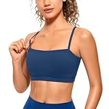 CRZ YOGA Butterluxe Womens Adjustable Spaghetti Thin Strap Sports Bra - Padded Wireless Square Neck Workout Yoga Clothes French Navy Small
