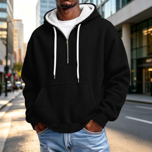 Mens Quarter Zip Hoodie Sherpa Lined Waffle Knit Pullover with Pocket - image 2