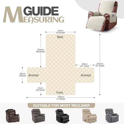 Image of KinCam 100% Waterproof Recliner Chair Cover, Reclining Couch Covers for Pets, Dogs, Recliner Couch Slipcover Furniture Protector with Elastic Straps for Kids(23.6 inch, Ivory)