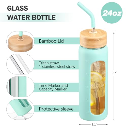 Image of 24oz Glass Water Bottle with Straw and 2 Lids, Mint Green | Bamboo and Spout Lid, Non-slip Silicone Sleeve, with Motivational Time Marker, for Gym, Sports, BPA Free & Cupholder Friendly