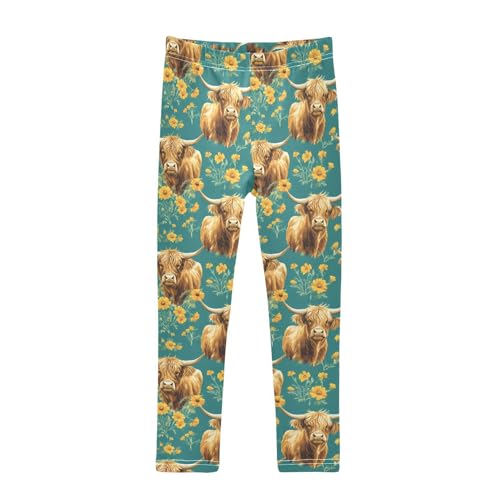 Highland Cattle Yellow Daisy Girls Leggings Soft Stretch Workout Yoga Dance Pants for Kids Casual Tights