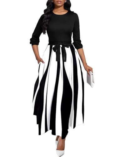 Image of BubFee Long Dress for Women Casual Long Sleeve Dresses Maxi Dress Empire Waist Loose with Belt