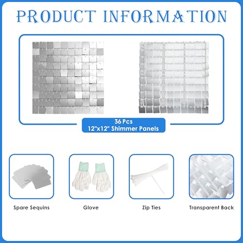 Image of Shimmer Wall Backdrop Silver Square Sequin Wall Panel Backdrop Decor for Wedding, Anniversary, Birthday, Party, 36 Panels