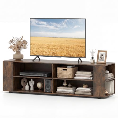 Tangkula Wood TV Stand for TVs up to 65 Inch Flat Screen, Modern Entertainment Center with 8 Open Shelves, Universal TV Storage Cabinet for Living Room Bedroom, TV Console Table (Rustic Brown)