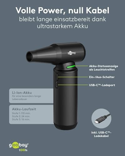 goobay Staubgebläse Superior mit 3 Stufen, 6.000 mAh Akku, 130.000 rpm, bis 110 min Betriebsdauer, inkl. 8 Aufsätze zum Entfernen von Staub auf Tastaturen, im PC, im Sofa, Autointerieur – 77831