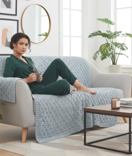 Image of Pluchi Kelly Knit Cotton Knitted Textured All Season AC Throw Blanket for Sofa (Luxurious,125cm X 150cm, 49 x 59 Inches) (Quarry Grey)