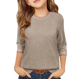 ZDC Girls Casual 3/4 Sleeve T Shirts Kids Cute Crewneck Tops Basic Tees Blouse for 5-14 Years