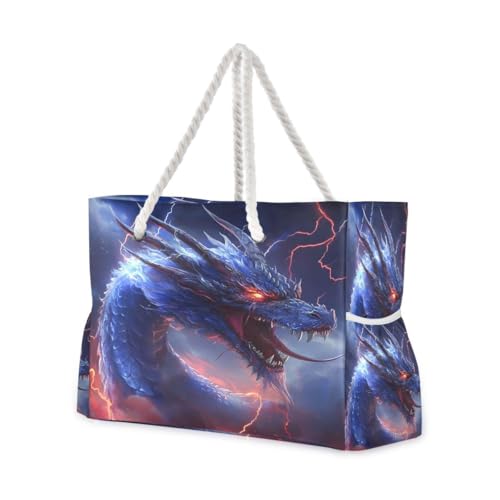 Large Beach Bags Totes Canvas Tote Shoulder Bag Blue Dragon Water Resistant Bags for Gym Travel Daily