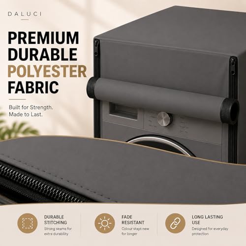 Image of DALUCI Washing Machine Cover Front Load for 6 Kg, 6.5 Kg, 7 Kg & 7.5 Kg Fully Automatic Machines | Waterproof Dustproof Polyester Protective Cover with Zipper (Grey, 59X59X86 CM)